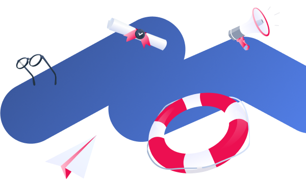 Cвиток, мегафон, бумажный самолет, очки и спасательный круг на фоне толстой синей извилистой линии